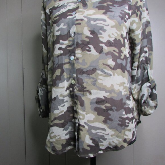Living Doll Sheer Blouse Shirt M Button Up Camo Green Brown - Picture 6 of 12